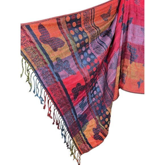 Pashmina & Silk Butterfly Shawl With Fringe Reversible Purple Orange Red Boho - Picture 11 of 12